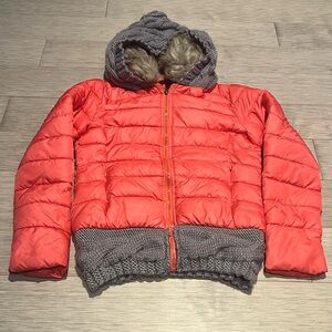Women's Coral Puffer Jacket with Gray Accents